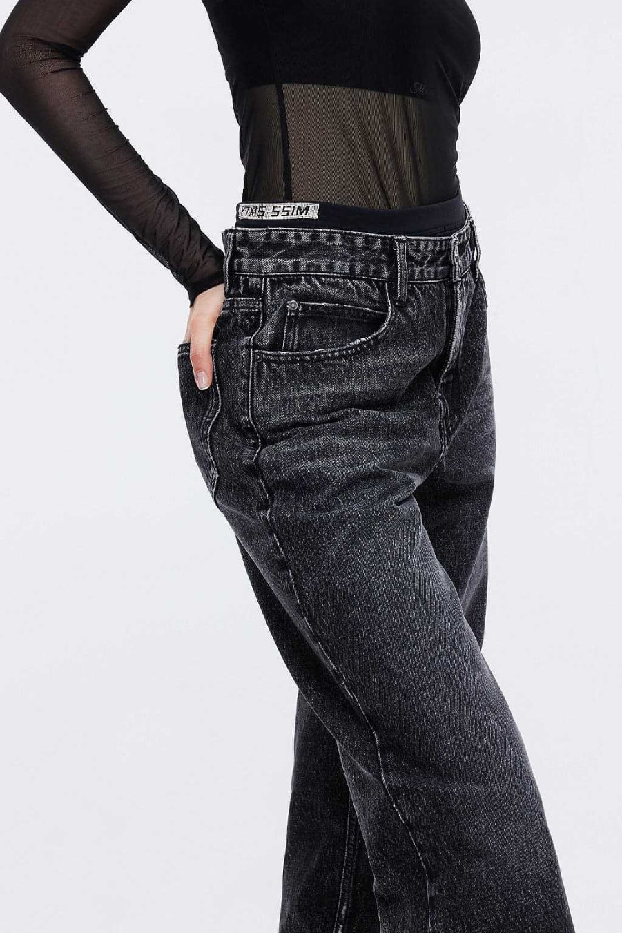 Jeans | Miss Sixty Schwarze Und Graue, Gerade Jeans Mit Patchwork-Bund Und Schmetterlingsstickerei Schwarzer Nebel