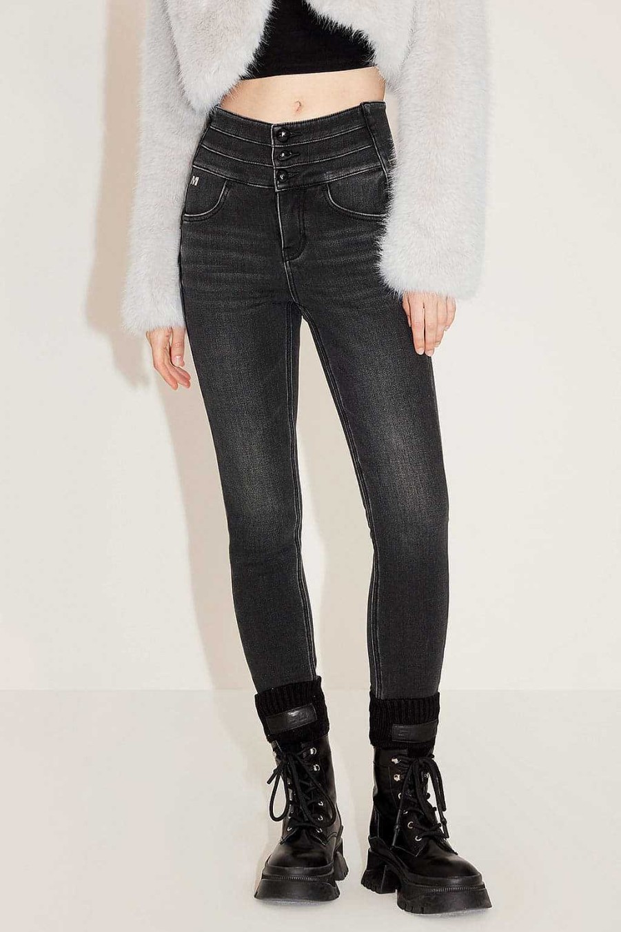 Jeans | Miss Sixty Schwarz-Graue, Mit Fleece Gefutterte Slim-Denim-Jeans Mit Hoher Taille Schwarzer Nebel