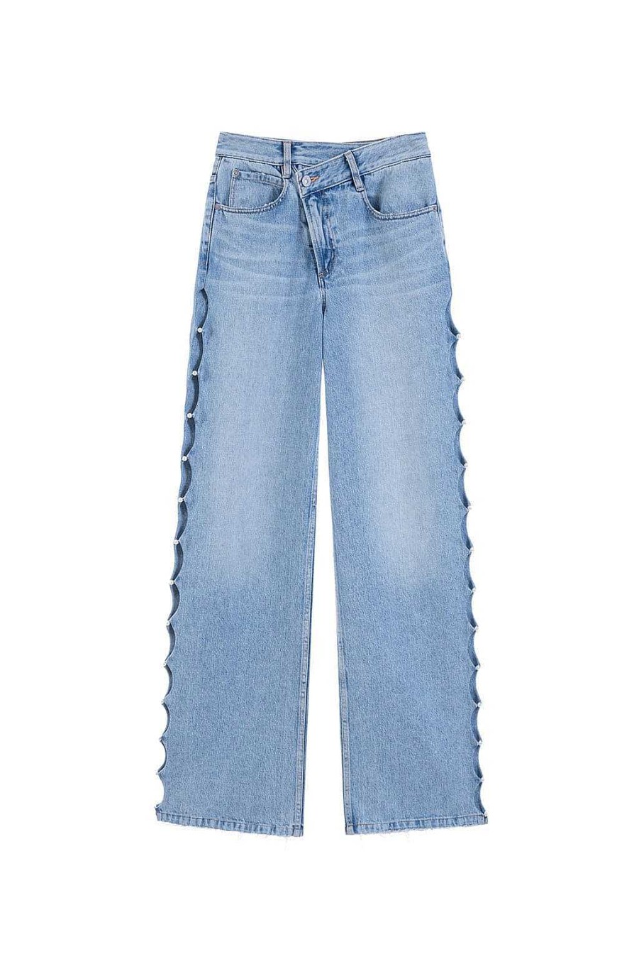 Jeans | Miss Sixty Ausgehohlte Jeans Mit Weitem Bein Und Hoher Taille Im Bella Hadid-Stil Mit Perlen Hellblau