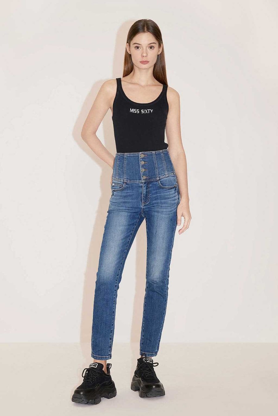 Jeans | Miss Sixty Slim-Fit-Jeans Mit Hoher Taille Und Vier Knopfen Mittelblau