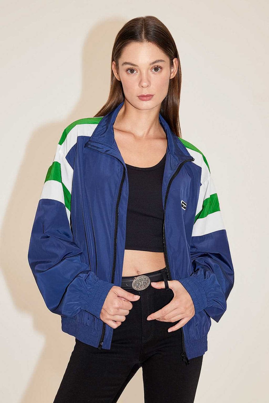 Jacken Und Oberbekleidung | Miss Sixty Sportliche Colourblock-Jacke Mit Stehkragen Dunkelblau