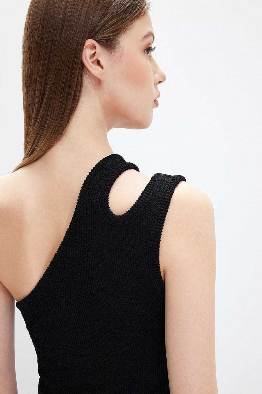 Oberteile | Miss Sixty Es, Elastisches, Geripptes One-Shoulder-Oberteil Schwarz