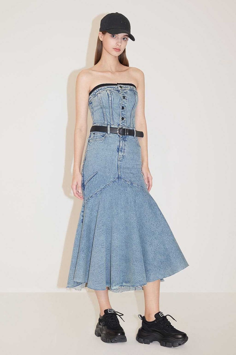 Kleider | Miss Sixty Sexy Tragerloses Denim-Fishtail-Kleid Mittelblau