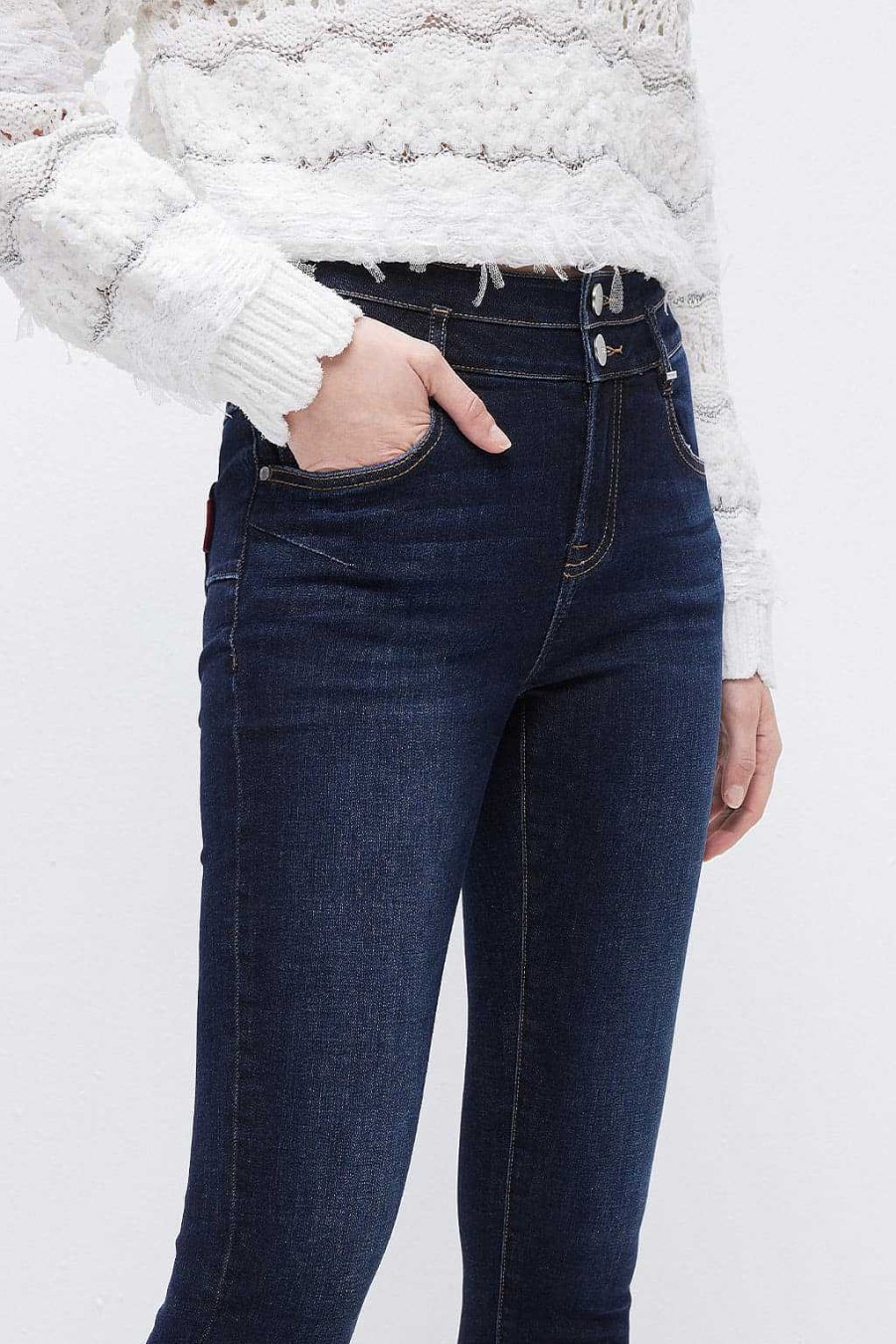 Jeans | Miss Sixty Skinny-Knocheljeans Mit Hoher Taille Und Doppelten Knopfen Tiefes Blau