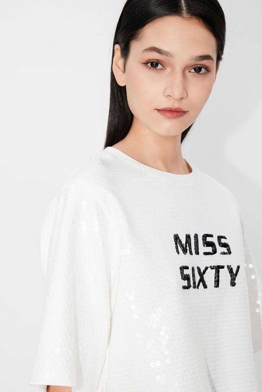 Oberteile | Miss Sixty Lassiges T-Shirt Mit Pailletten Weiss