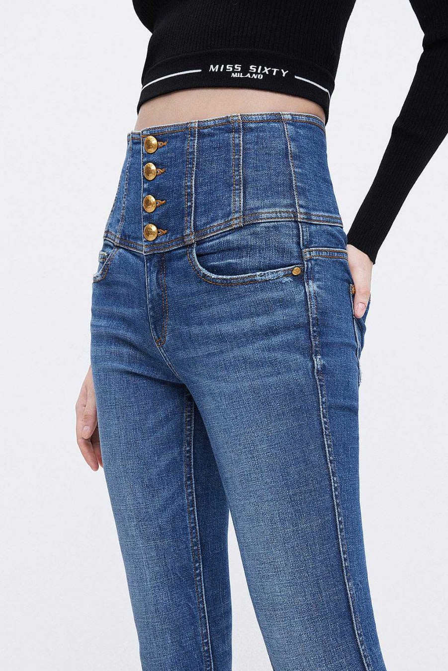 Jeans | Miss Sixty Slim-Jeans Mit Vier Knopfen Und Superhoher Taille Tiefes Blau