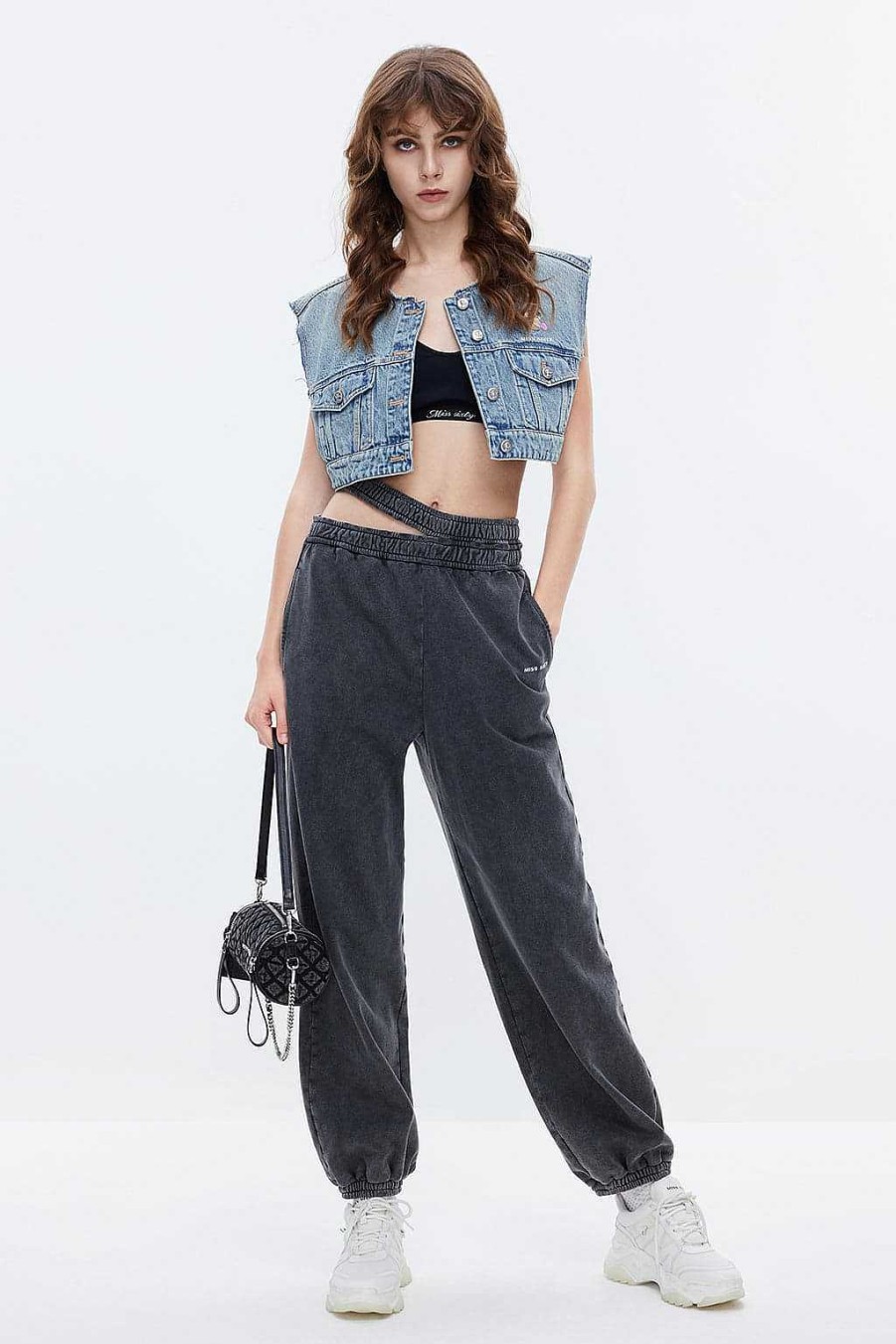 Hosen Und Overalls | Miss Sixty Nft Capsule Schwarz-Graue Hose Mit Doppeltem Bund Schwarzer Nebel