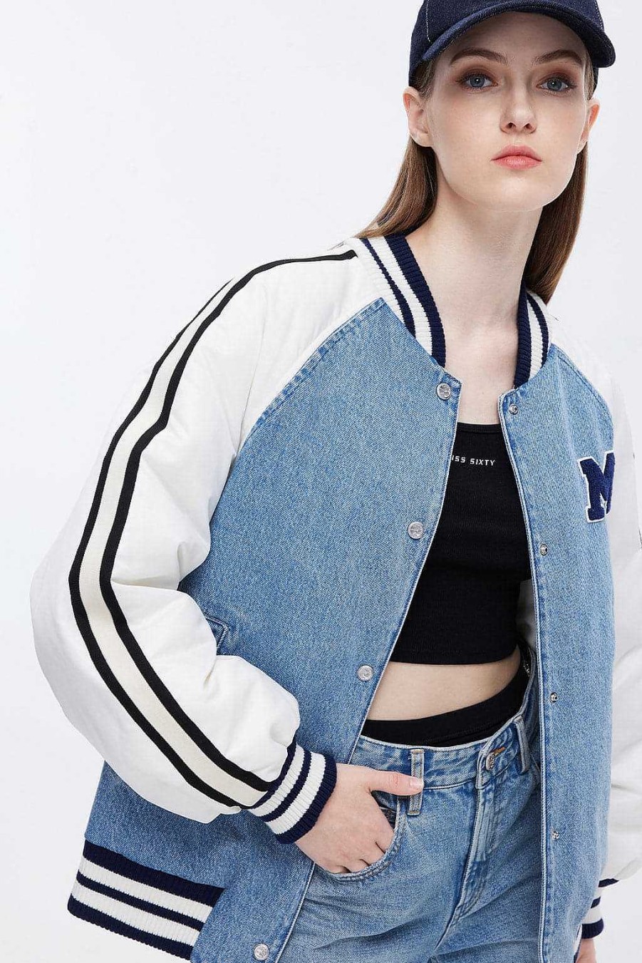 Jacken Und Oberbekleidung | Miss Sixty Sportliche, Lassige Baseballjacke Mit Denim-Daunenjacke Mittelblau