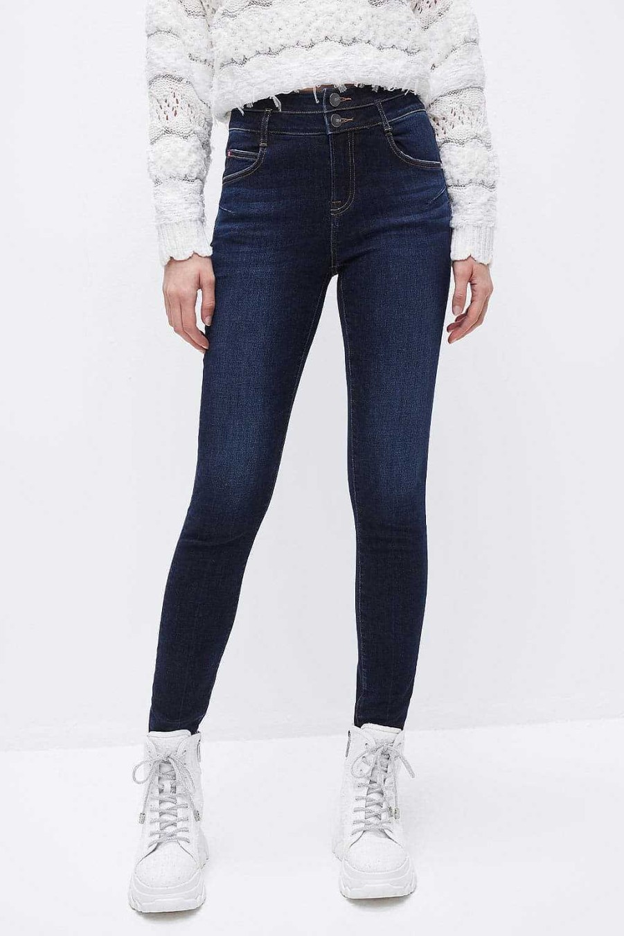 Jeans | Miss Sixty Skinny-Knocheljeans Mit Hoher Taille Und Doppelten Knopfen Tiefes Blau