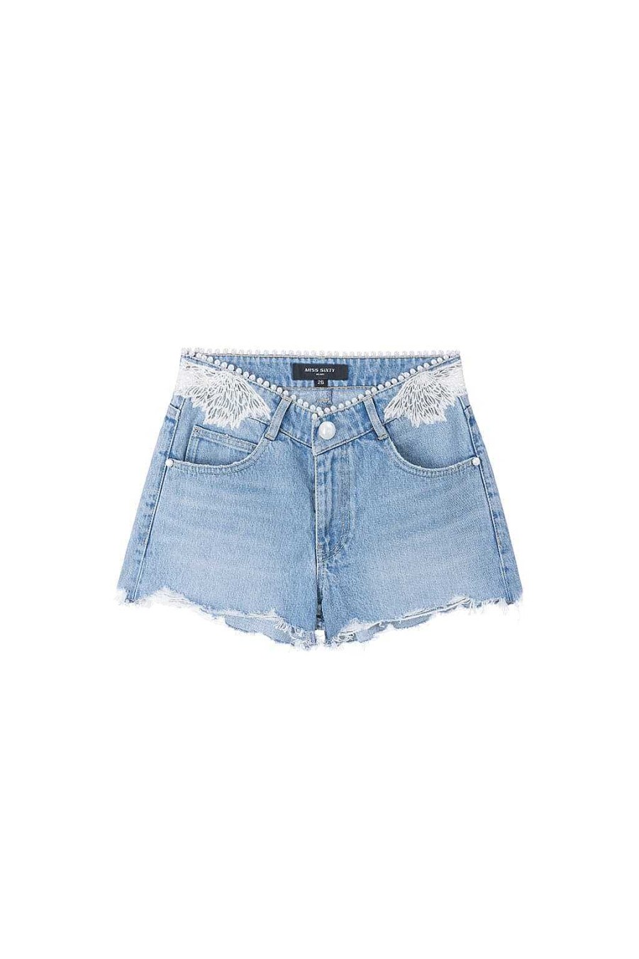 Kurze Hose | Miss Sixty Angel Collection Bestickte, Zerrissene Jeansshorts Mit Niedriger Taille Hellblau