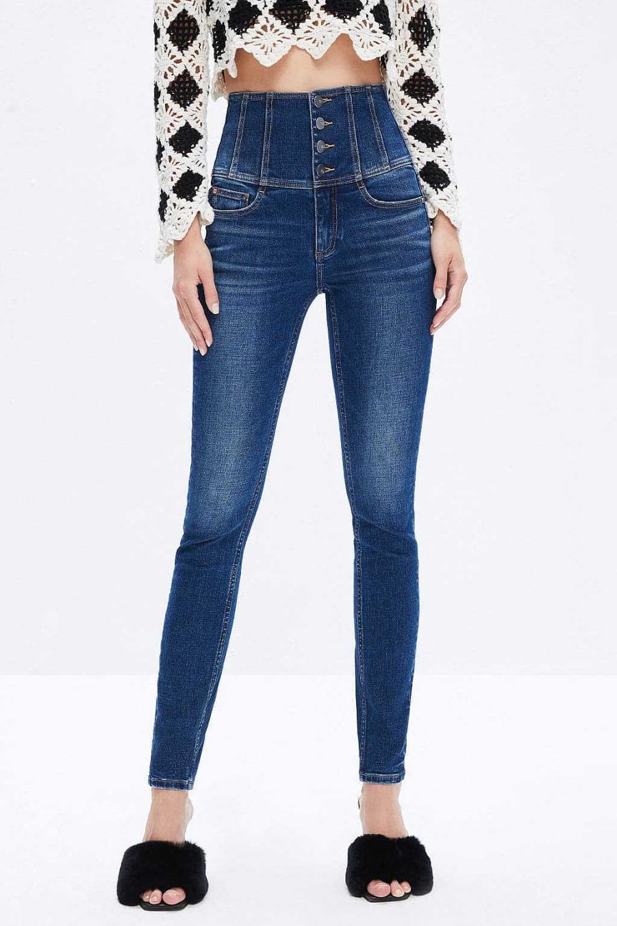 Jeans | Miss Sixty Marineblaue Jeans Mit Superhoher Taille Und Vier Knopfen Tiefes Blau