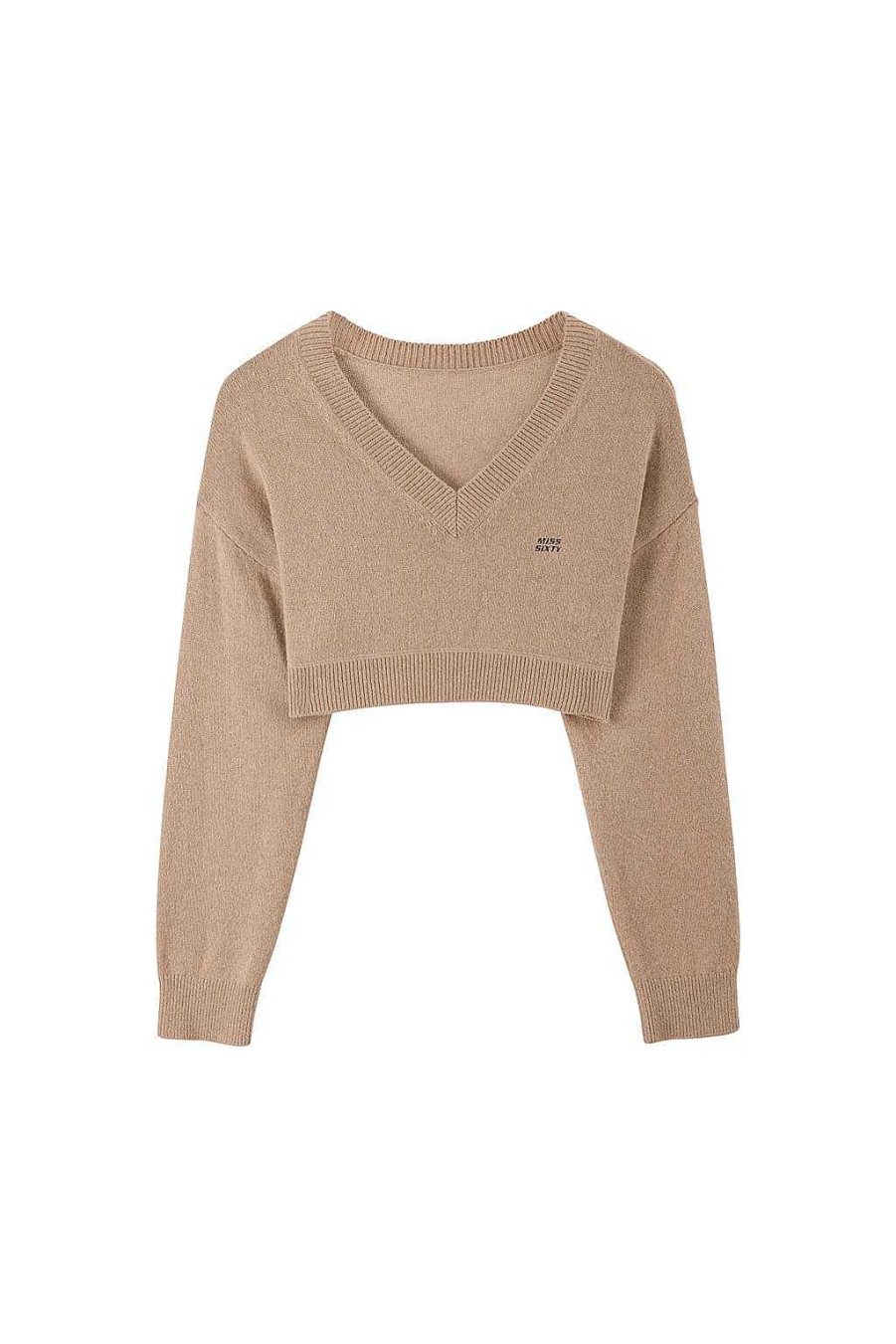 Pullover | Miss Sixty Sexy, Kurzes Strickoberteil Mit V-Ausschnitt Und Gesticktem Logo Khaki