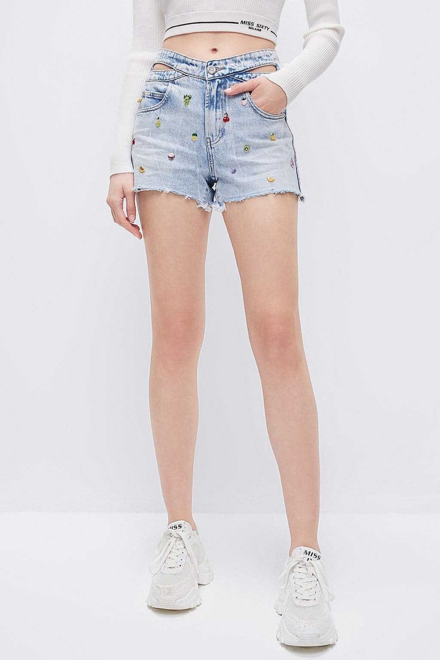 Kurze Hose | Miss Sixty Jeansshorts Mit Obst- Und Perlenverzierung Hellblau