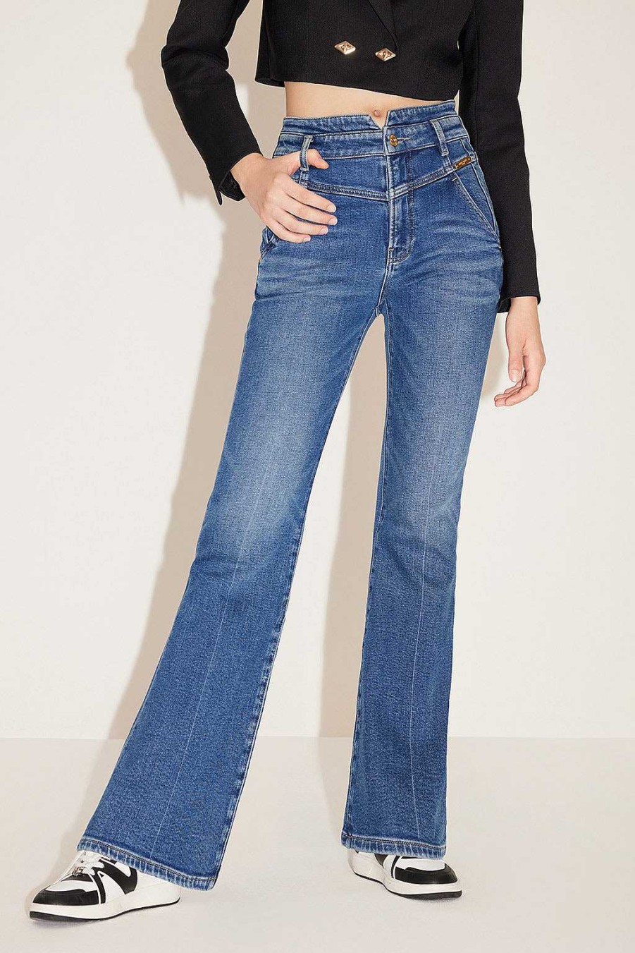 Jeans | Miss Sixty Dunkelblaue Retro-Schlagjeans Mit V-Formiger Taille Tiefes Blau