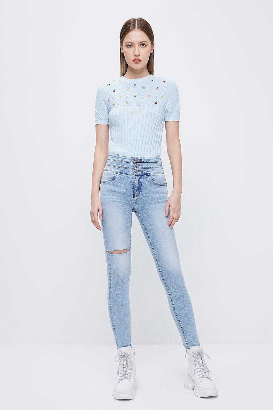 Jeans | Miss Sixty Zerrissene Jeans Mit Drei Ringen Und Hoher Taille Hellblau