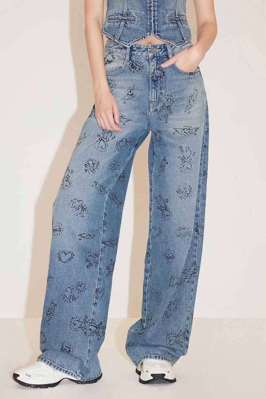 Jeans | Miss Sixty Bedruckte Casual-Fit-Jeans Aus Der Kapselkollektion „Miss Sixty X Keith Haring". Mittelblau