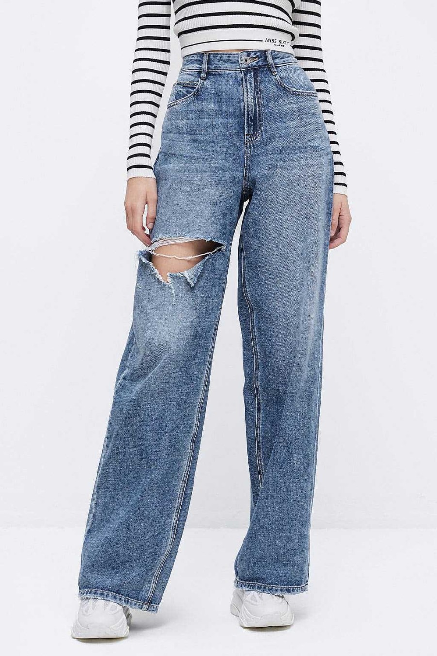 Jeans | Miss Sixty Weite, Hellblaue, Zerrissene Baggy-Jeans Mit Weitem Bein Mittelblau