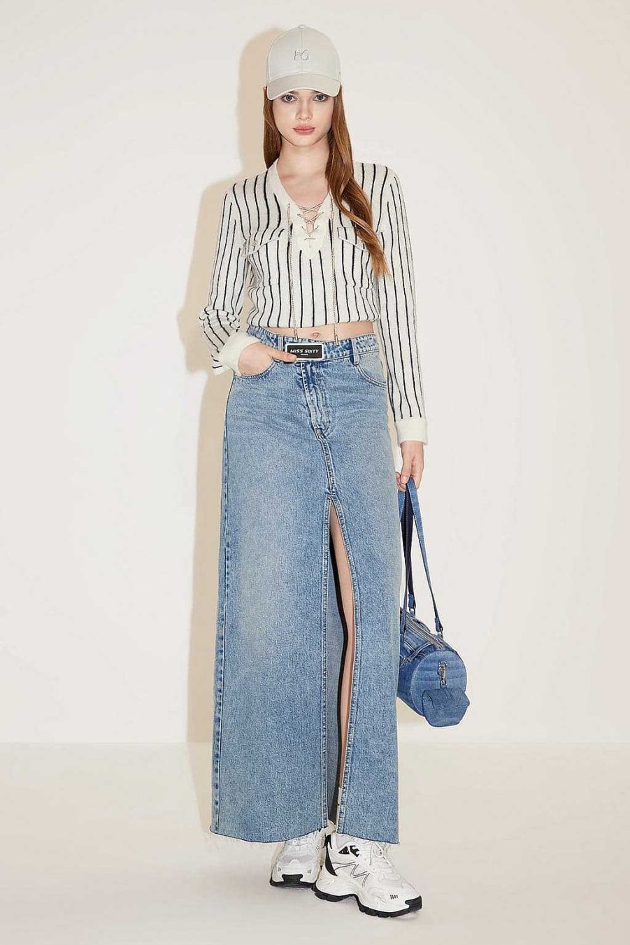 Die Rocke | Miss Sixty Denim-Schlitzrock Mit Hoher Taille Und Asymmetrischer Taille Hellblau