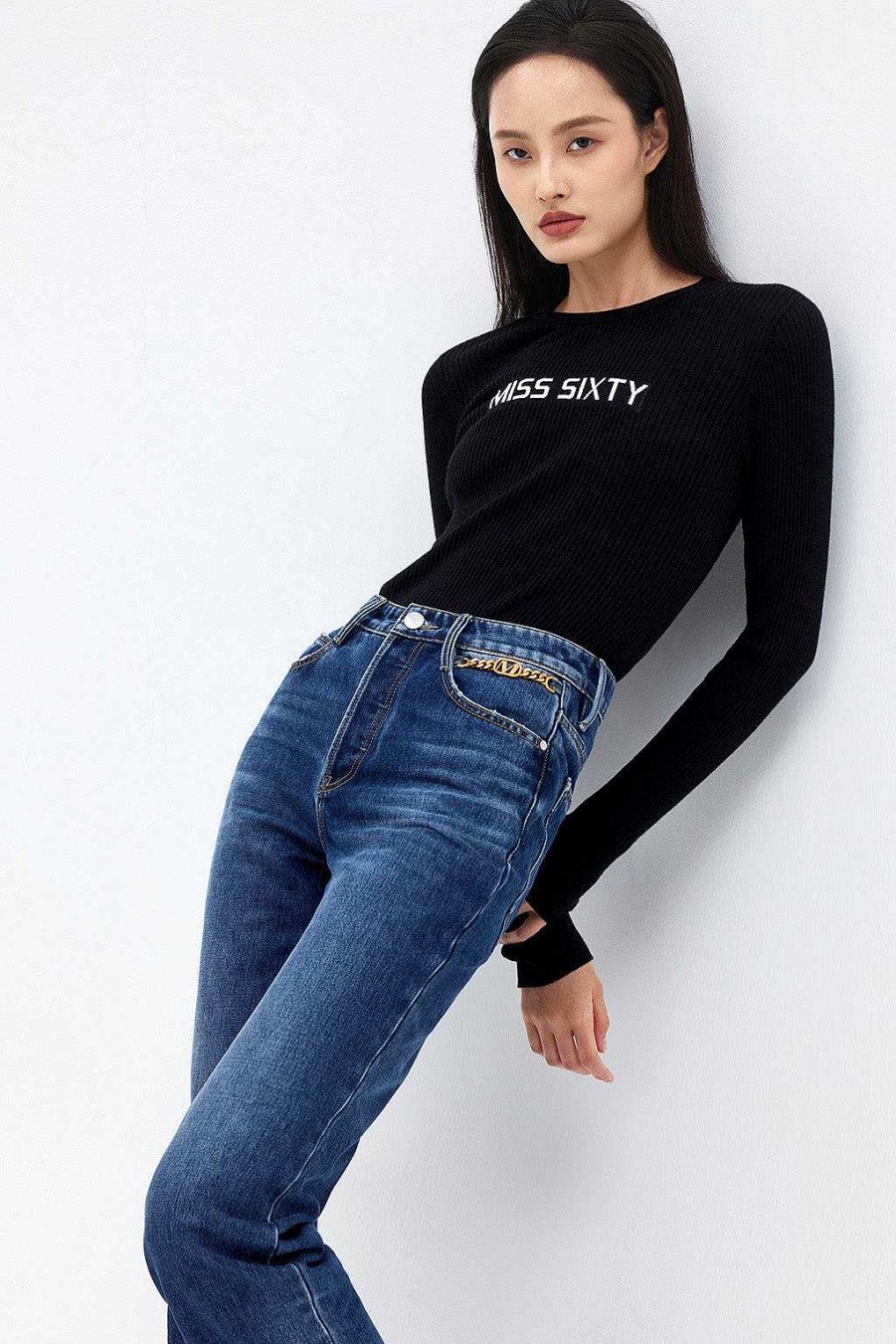 Jeans | Miss Sixty Marineblaue, Gerade Jeans Aus Kaschmirmischung Im Vintage-Stil Tiefes Blau