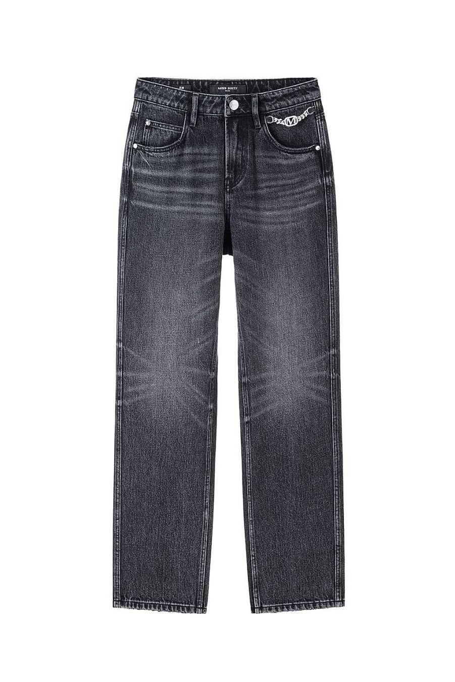 Jeans | Miss Sixty Dunkel Gewaschene Straight-Fit-Jeans Mit Kristallen Schwarzer Nebel