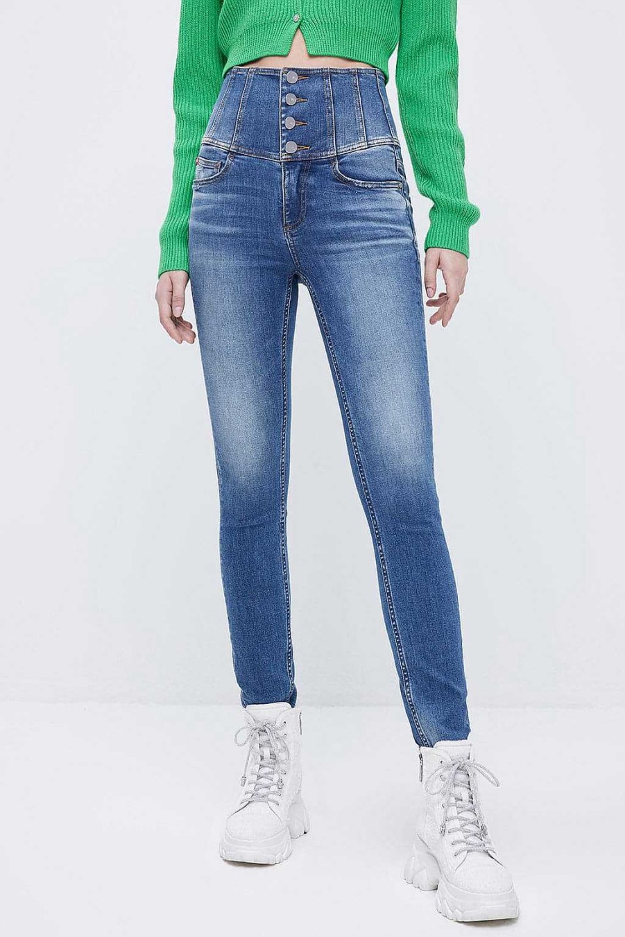 Jeans | Miss Sixty Super High Waist Slim Fit-Jeans Mit Vier Knopfen Mittelblau