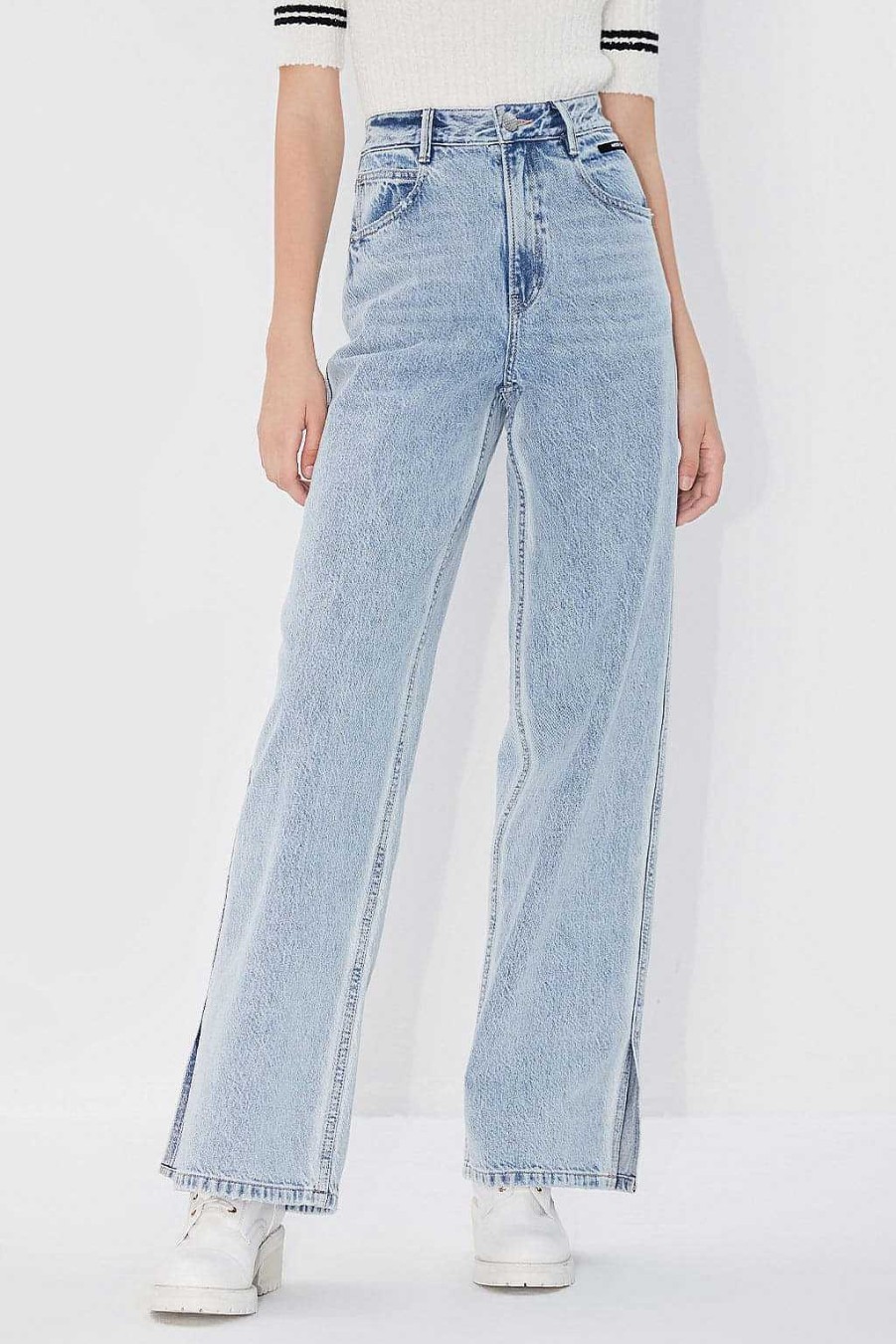 Jeans | Miss Sixty High-Waist-Jeans Aus Leinenmischung Mit Weitem Bein Und Schlitz Hellblau