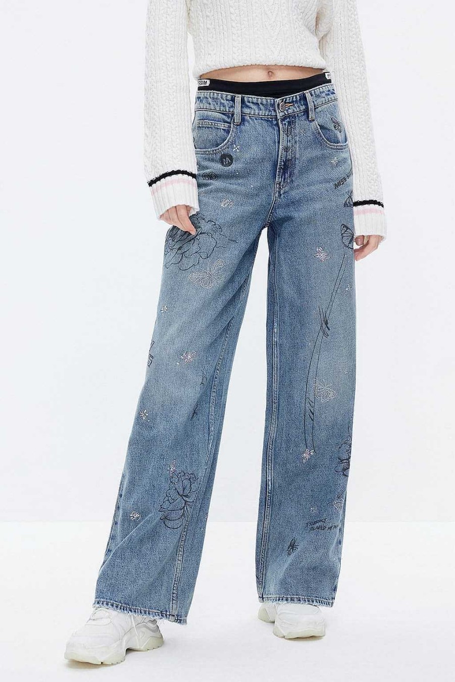 Jeans | Miss Sixty Retro-Jeans Mit Weitem Bein Und Patchwork-Taille Mittelblau