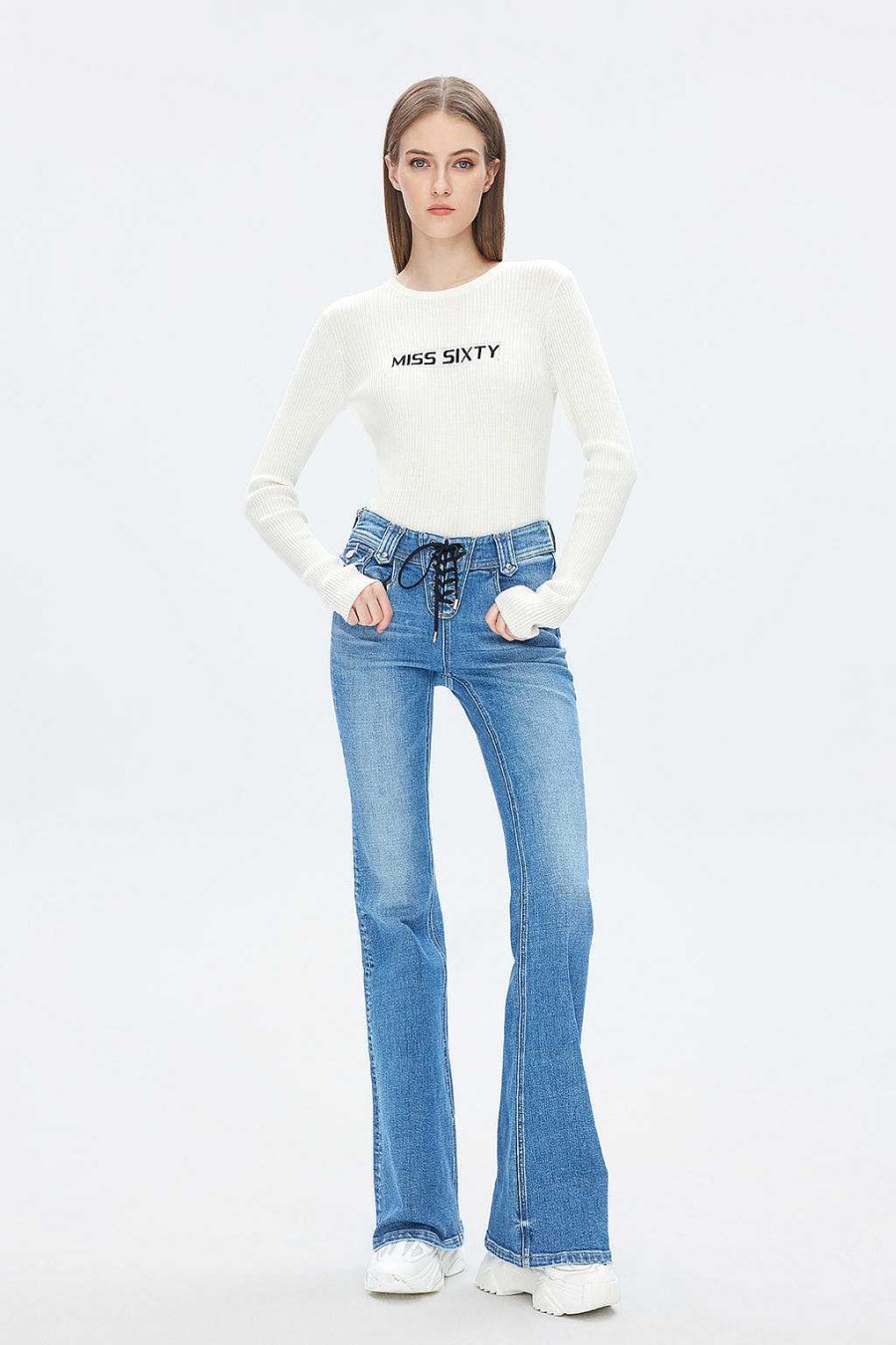 Jeans | Miss Sixty Sexy Low-Rise-Schlagjeans Mit Schnurung Mittelblau