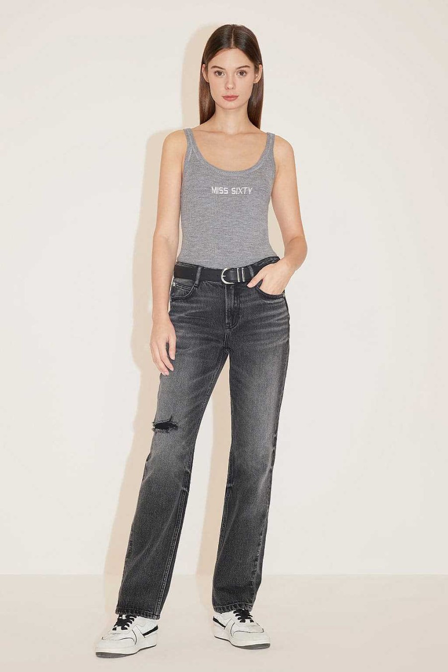 Jeans | Miss Sixty Schwarz-Graue, Zerrissene Straight-Fit-Jeans Schwarzer Nebel