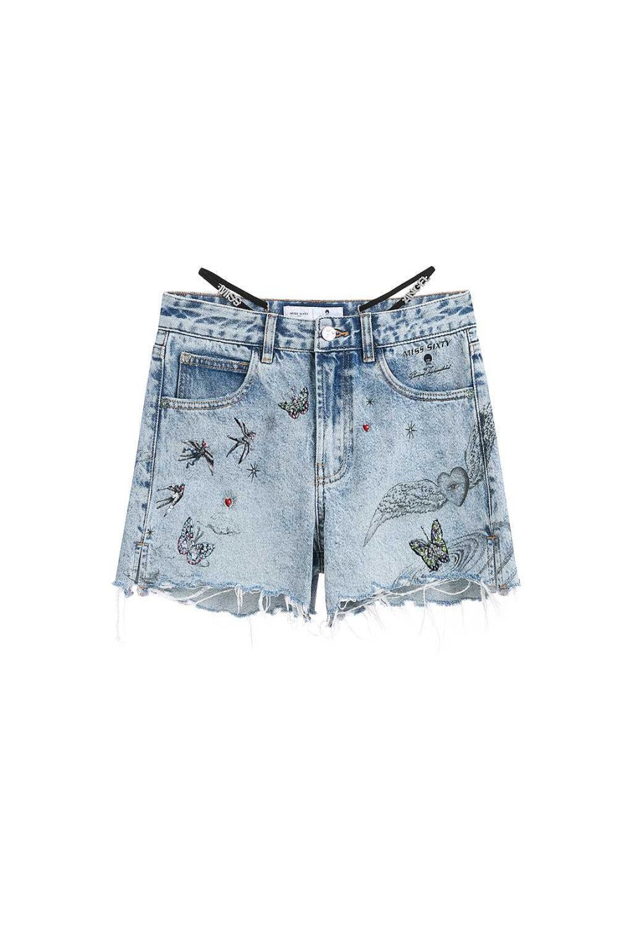 Kurze Hose | Miss Sixty Perlenbesetzte Jeansshorts Aus Der Angel Collection Hellblau