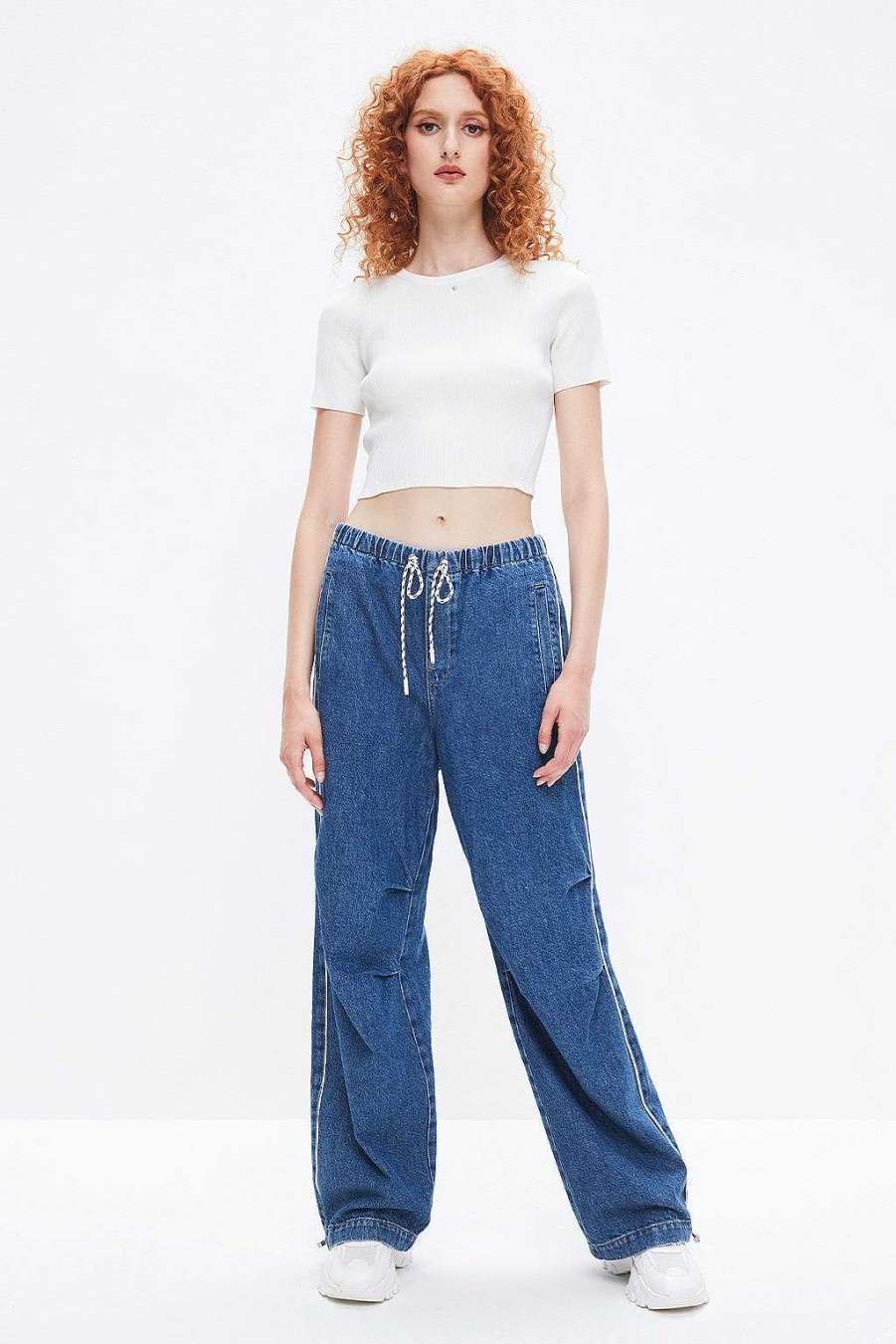 Jeans | Miss Sixty Blaue Vintage-Jeans Mit Weitem Bein Und Kordelzug Mittelblau