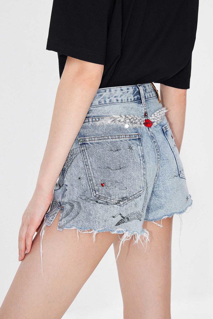 Kurze Hose | Miss Sixty Perlenbesetzte Jeansshorts Aus Der Angel Collection Hellblau